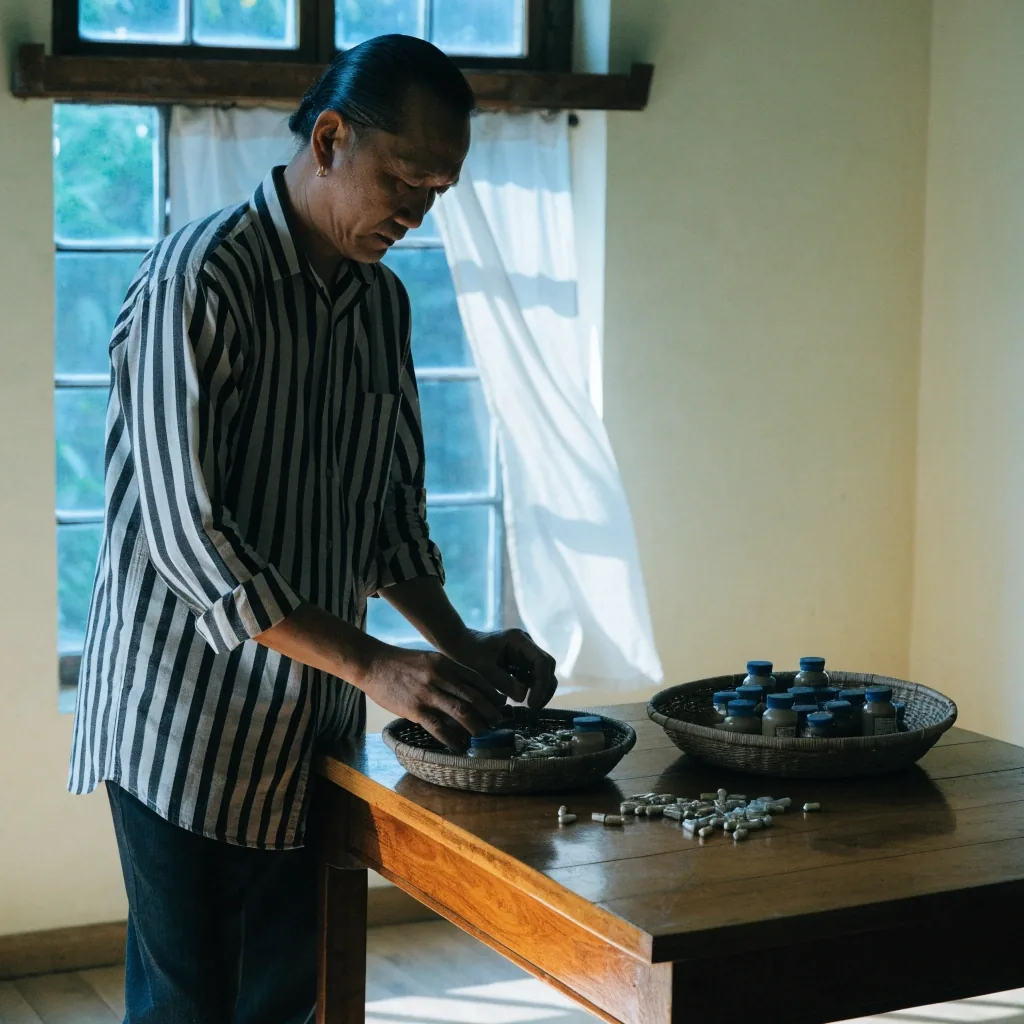 A man in his forties walking out of a tall-windowed room into morning light, seen from behind
